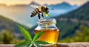 Firefly UN POT DE MIEL AVEC FEUILLE DE CBD AVEC LES PYRENEES EN ARRIERE PLAN ET UNE ABEILLE 34676.webp